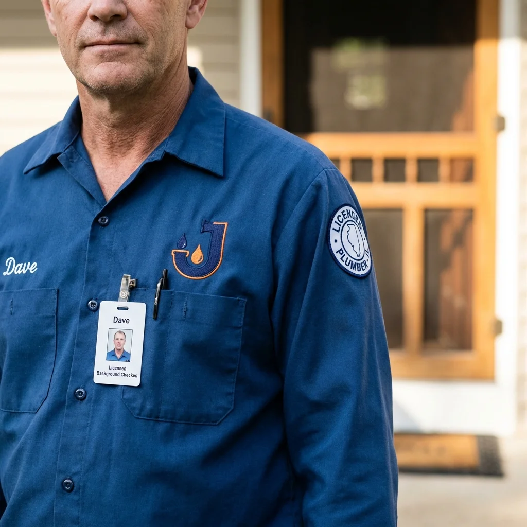 Licensed plumber showing ID badge in Garland, ME