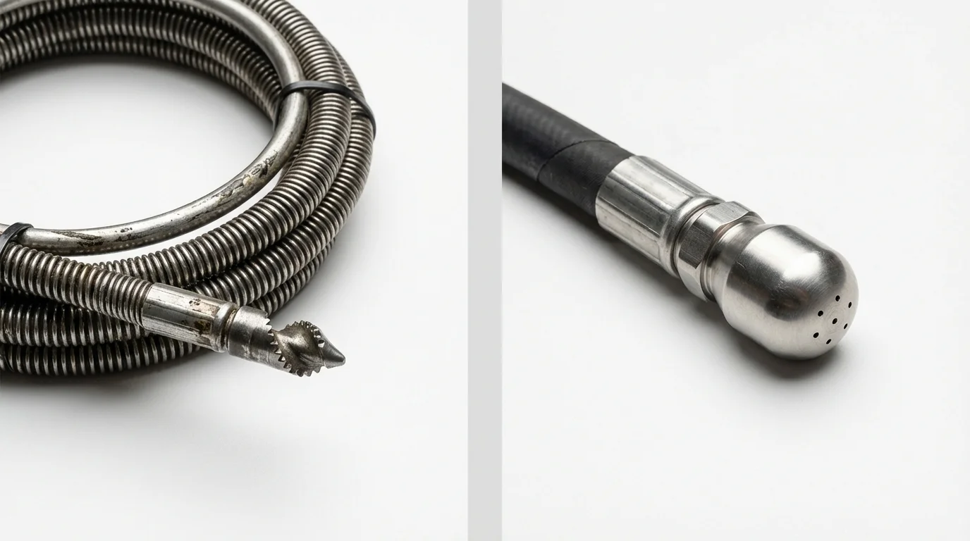 Drain snake cable and hydro jetting nozzle used for drain cleaning in Garland, ME