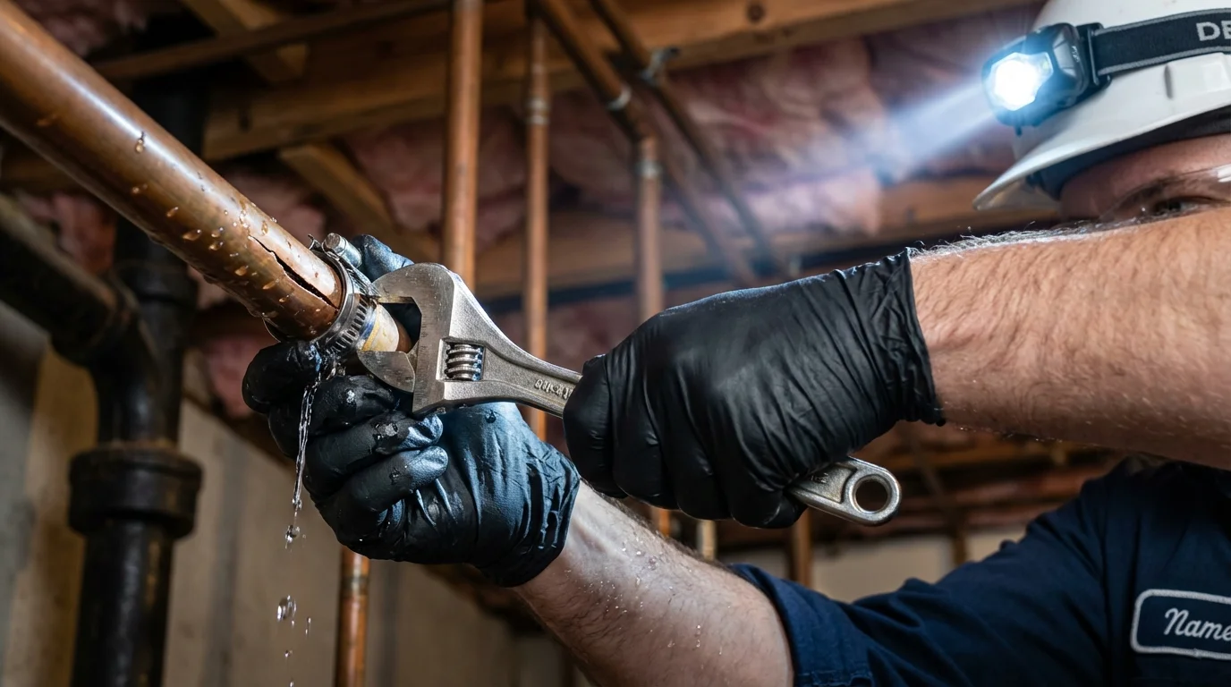 Emergency pipe clamp repair being performed by a Johns Plumbing LLC plumber in Garland