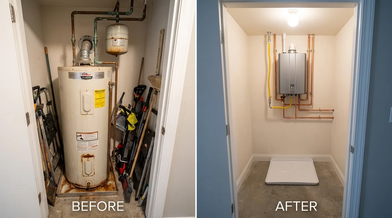 Tank water heater versus wall-mounted tankless unit comparison for Garland, ME homeowners