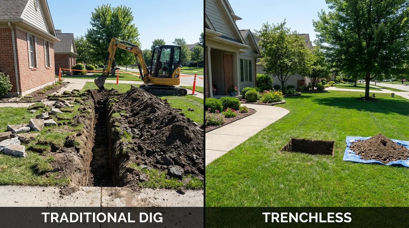 Trenchless sewer repair with minimal yard damage versus traditional excavation in Garland, ME
