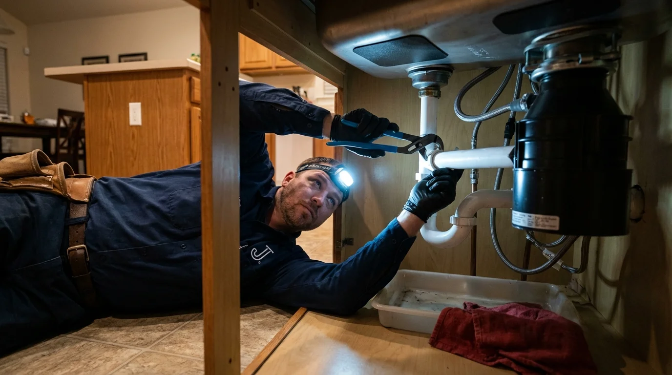 P-trap and supply line connections under a kitchen sink showing a common leak point in Garland, ME